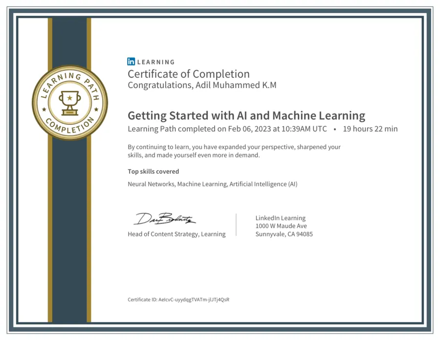 Getting Started with AI and Machine Learning certificate from LinkedIn Learning