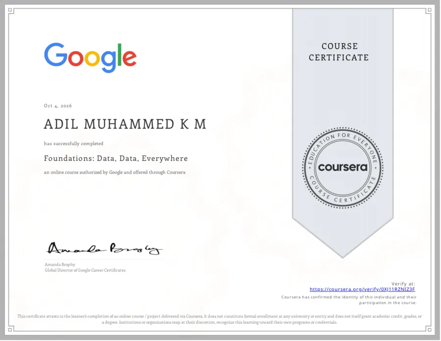 Foundations: Data, Data, Everywhere certificate from Google and Coursera
