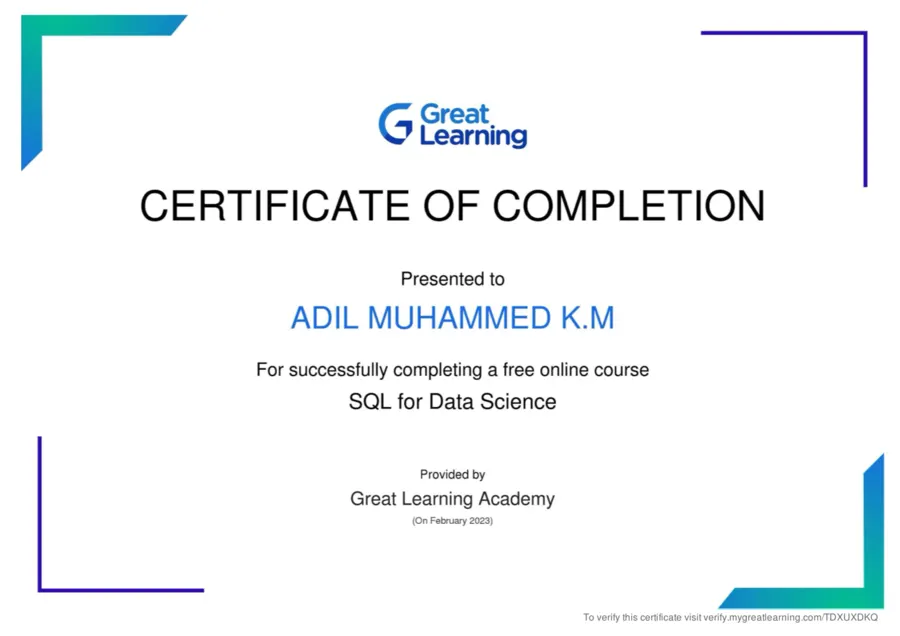 SQL for Data Science certificate from Great Learning Academy