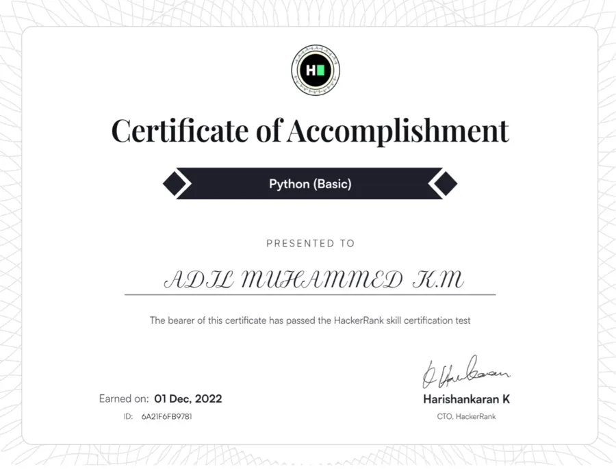 Python Basic certificate of accomplishment from HackerRank