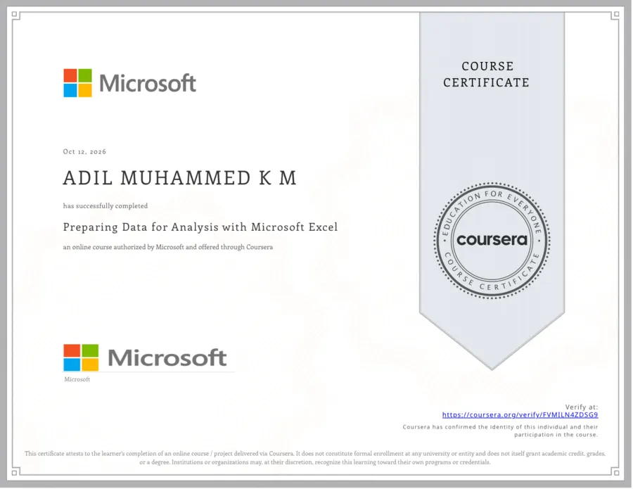 Preparing Data for Analysis with Microsoft Excel certificate from Microsoft and Coursera